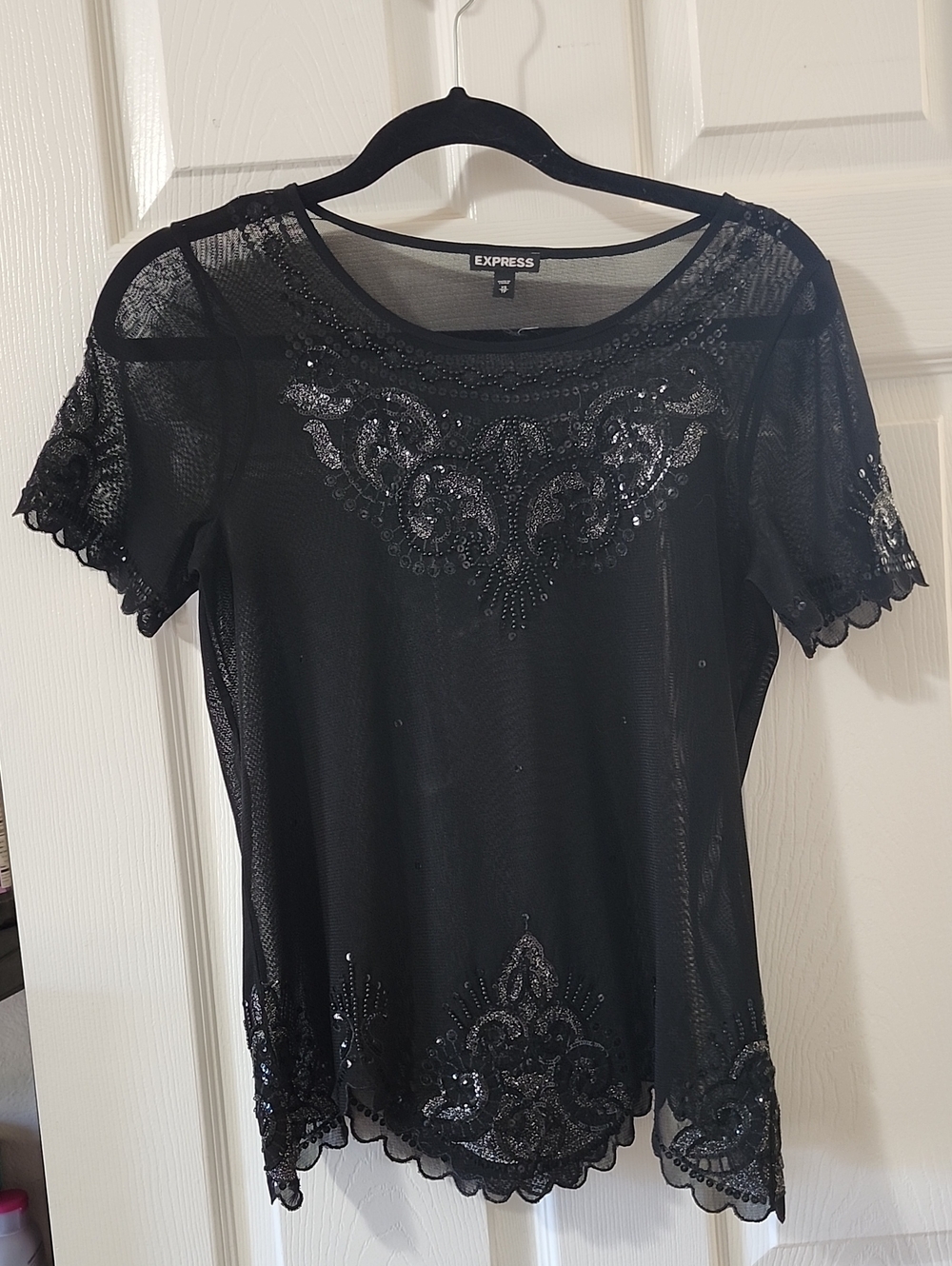 Express Black Sequined Sheer Short Sleeve Top